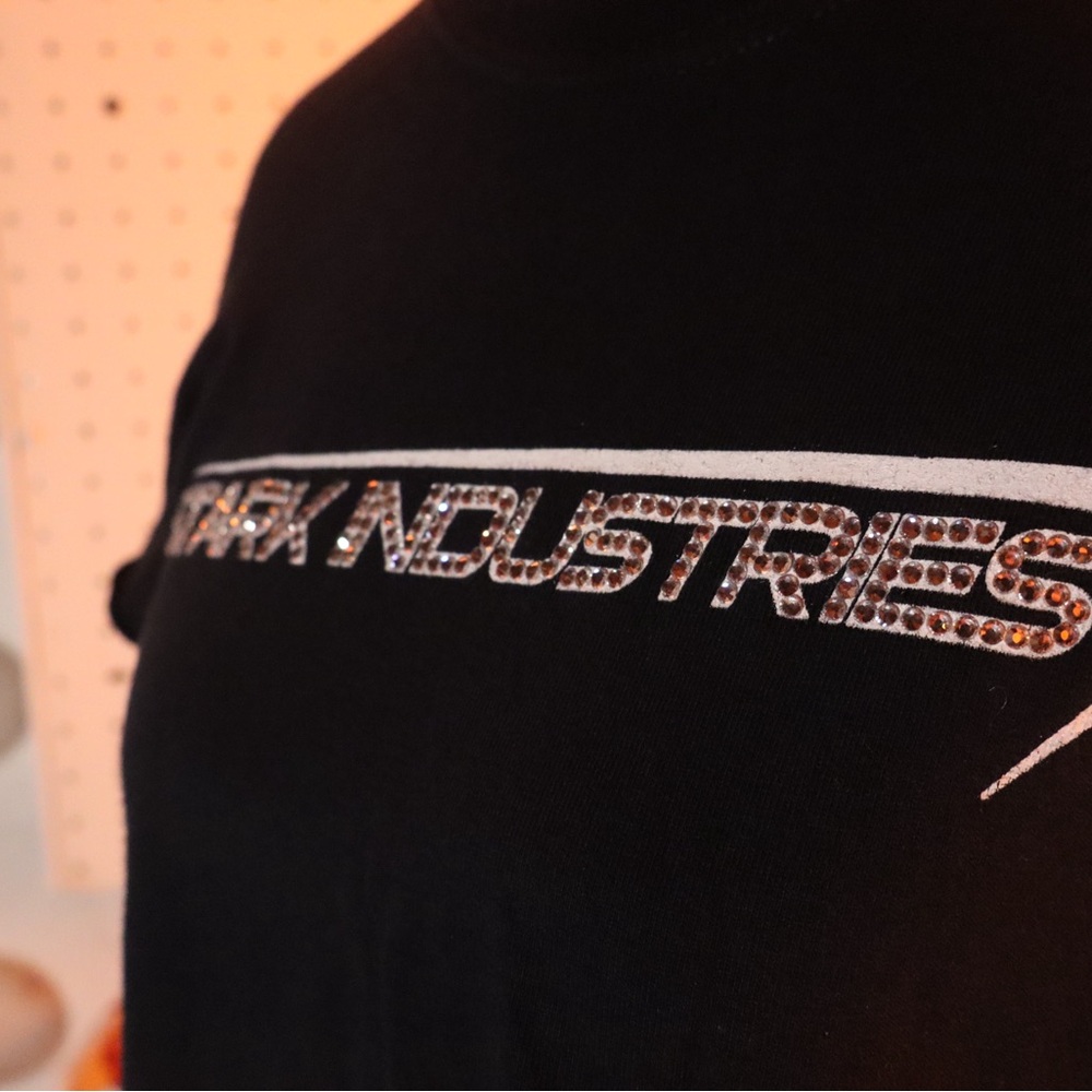 Upcycled “Stark Industries” Bedazzled Black Baby Tee🖤